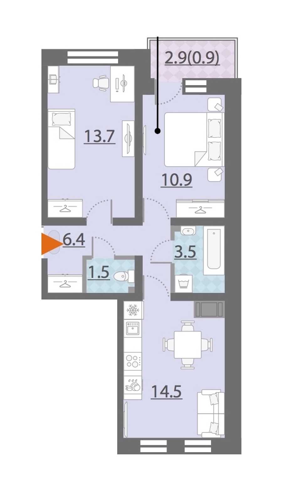 Двухкомнатная квартира в : площадь 51.5 м2 , этаж: 13 – купить в Санкт-Петербурге